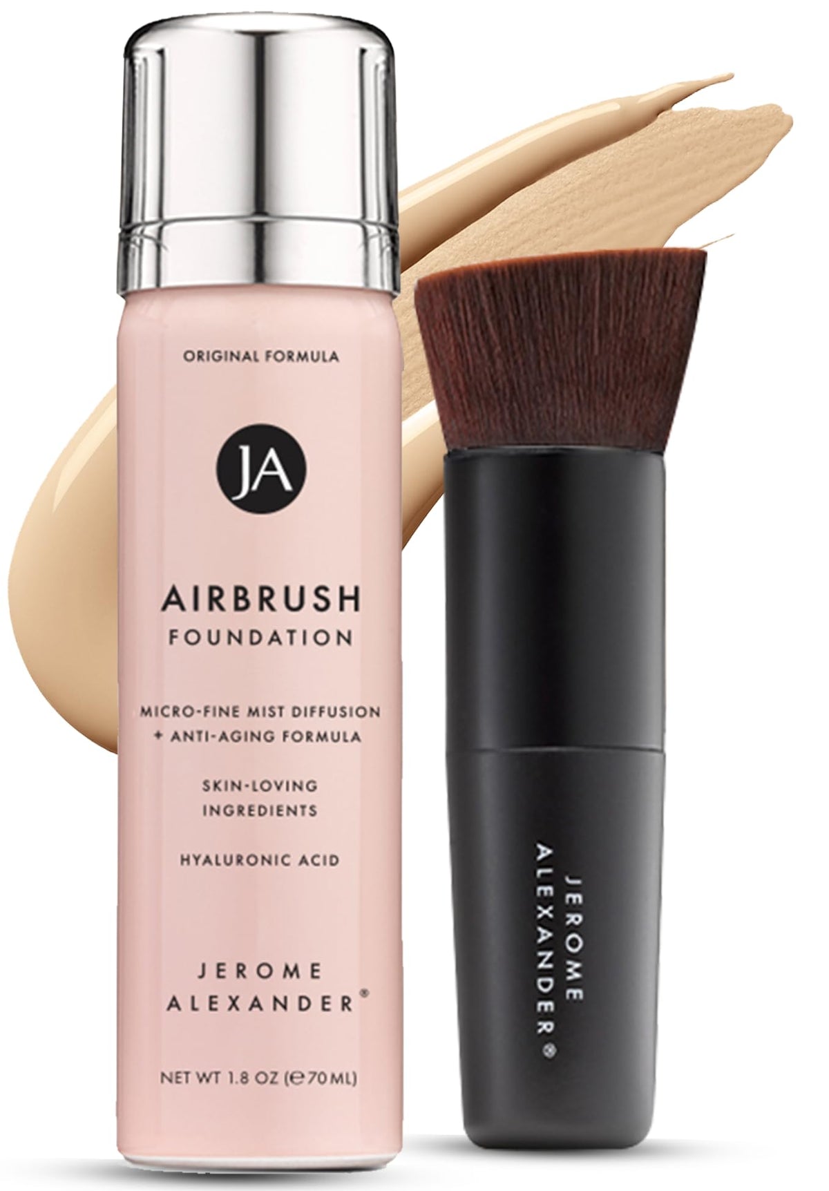 Jerome Alexander front packaging showing the two-piece airbrush set and quick application benefit