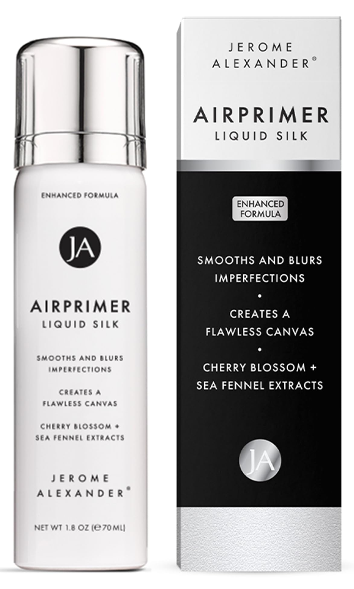 Jerome Alexander front packaging showing sleek primer bottle and branding benefit