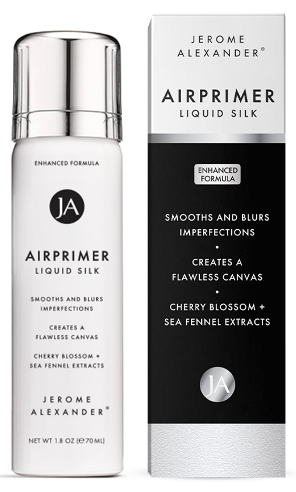 Jerome Alexander front packaging showing sleek primer bottle and branding benefit
