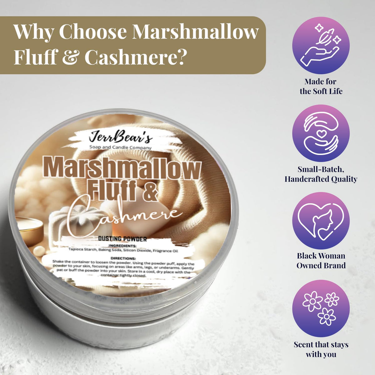 JerrBear’s label detail focusing on marshmallow cashmere signature scent