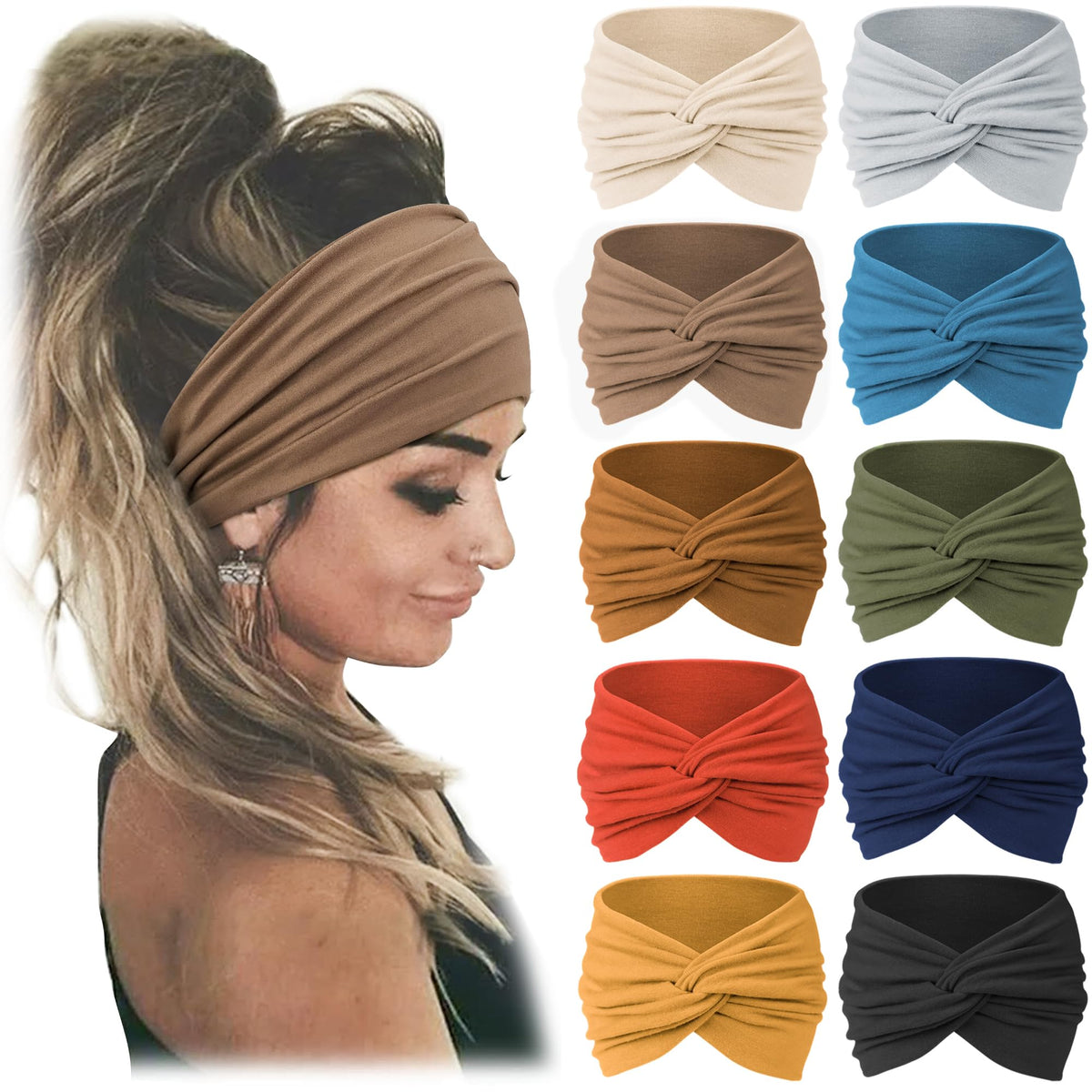 Jesries front packaging showing ten colorful wide headbands and variety
