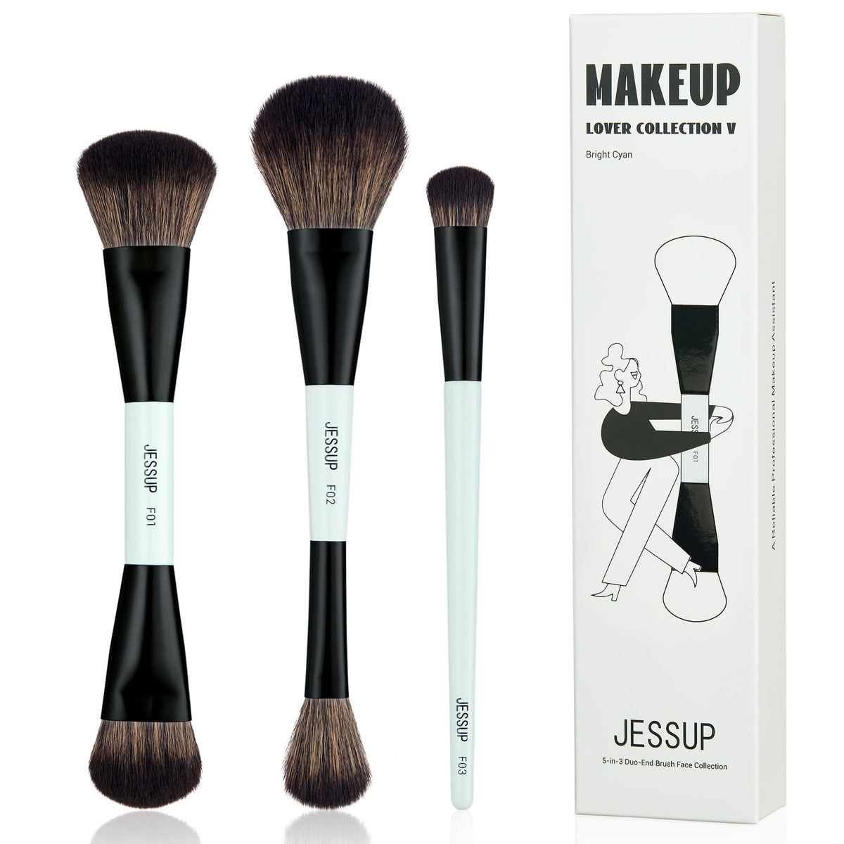Jessup brushes front packaging showing cyan handles and set benefits