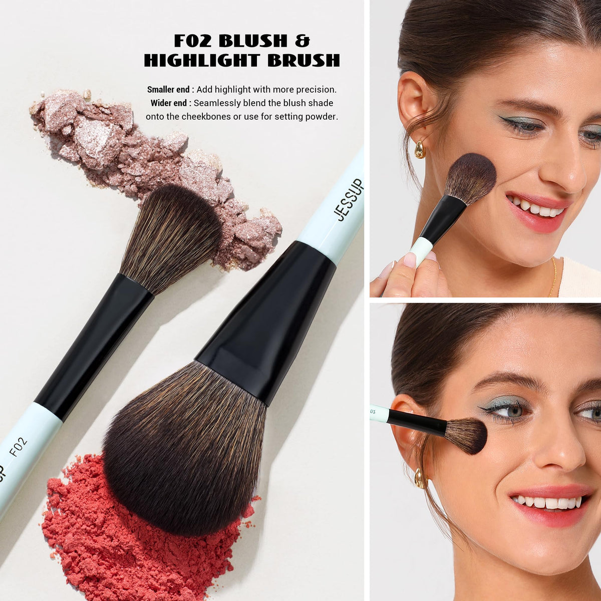 Jessup double-ended blush and highlight brush blending a glow