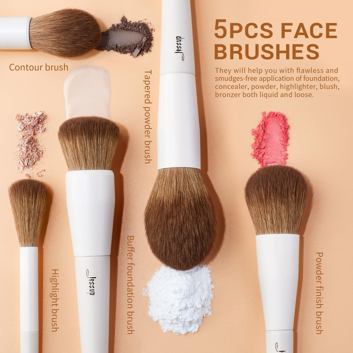 Jessup foundation, powder and contour brushes close-up showing ergonomic handles and control