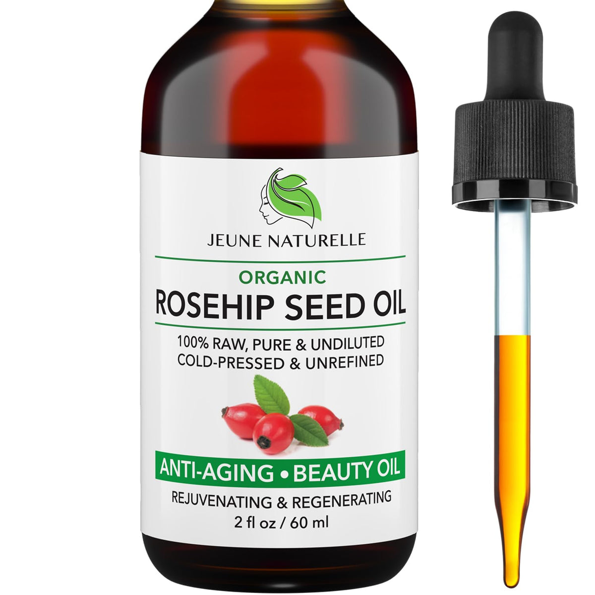 Jeune Naturelle front bottle showing pure rosehip oil packaging and natural benefits