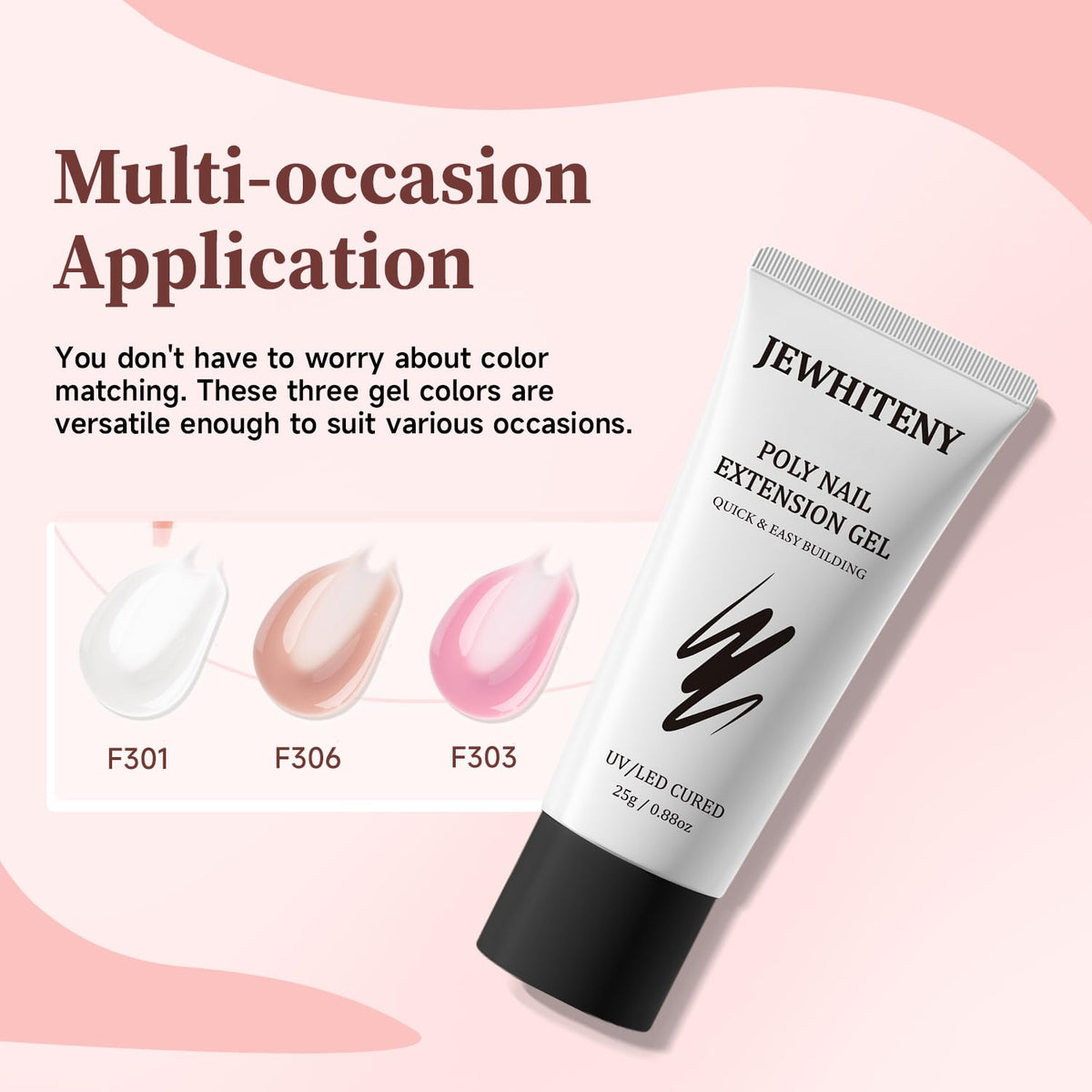 JEWHITENY closeup of three 25g poly gel bottles highlighting texture and color accuracy