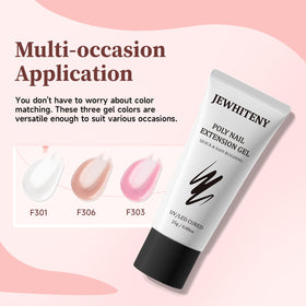 JEWHITENY closeup of three 25g poly gel bottles highlighting texture and color accuracy