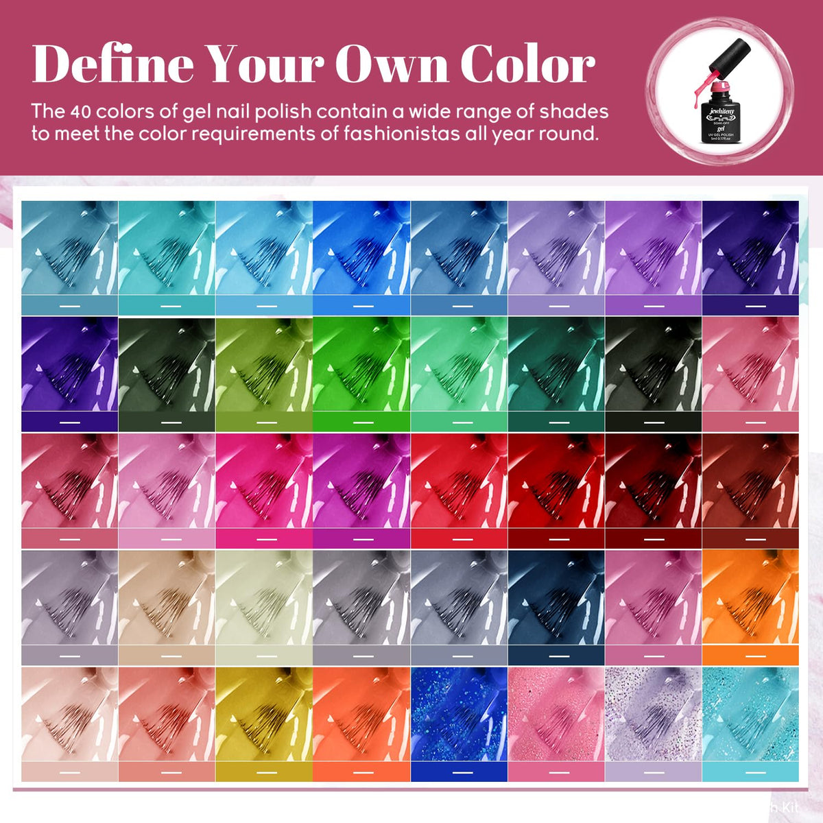 JEWHITENY array of 40 gel shades fanned out for wide color options