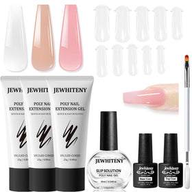 JEWHITENY front packaging showing full poly gel nail kit and included tools, clear organization benefit