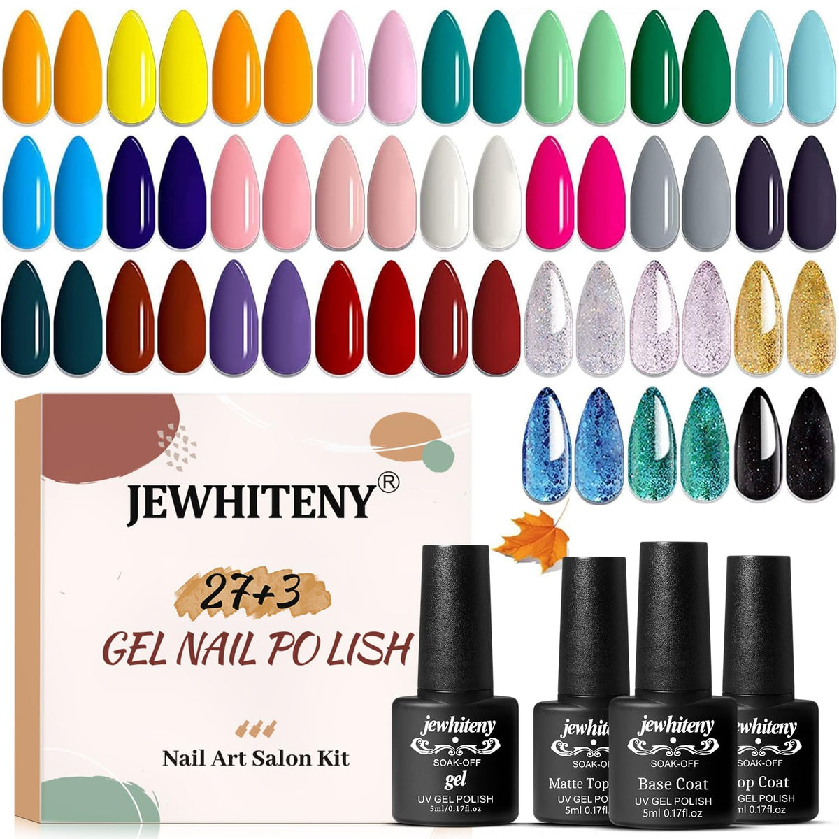 JEWHITENY front packaging showing full 27-color set and gift box, convenient variety