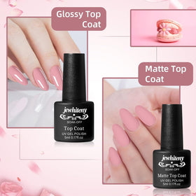 JEWHITENY matte and gloss topcoats displayed to show finish options and versatility
