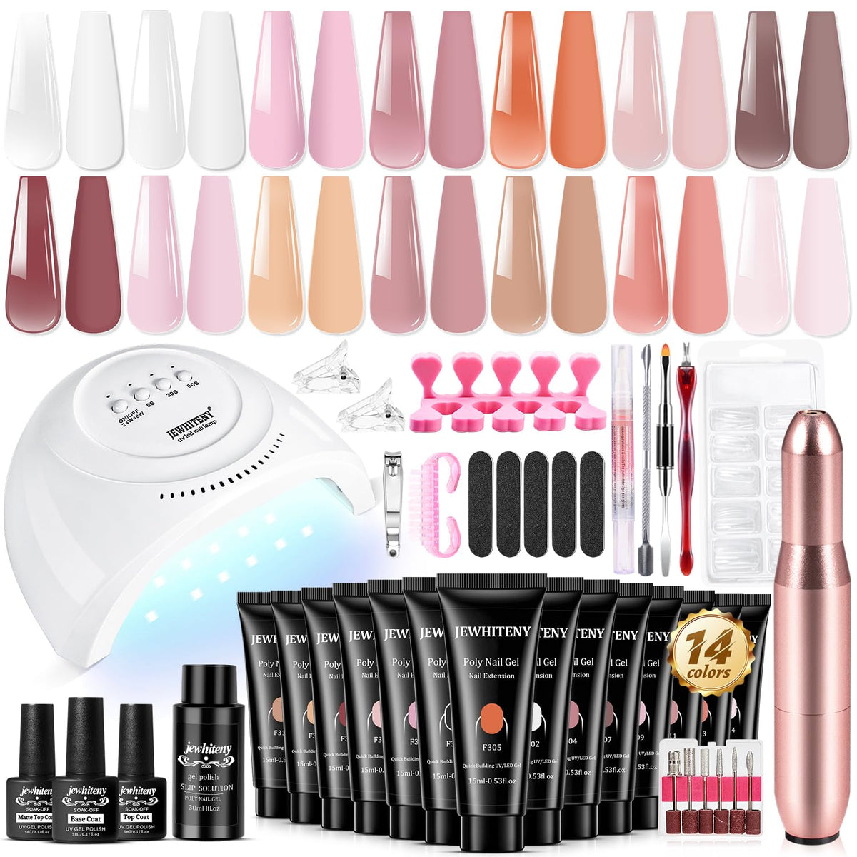 JEWHITENY front packaging showing full poly gel starter kit benefits