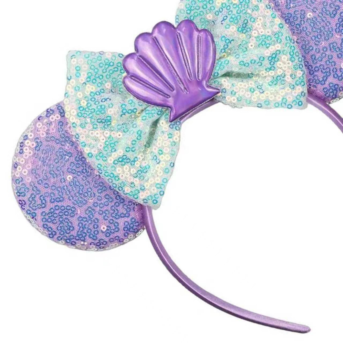 JIAHANG front view of mermaid mouse ears headband shows shimmer and shape, great for parties