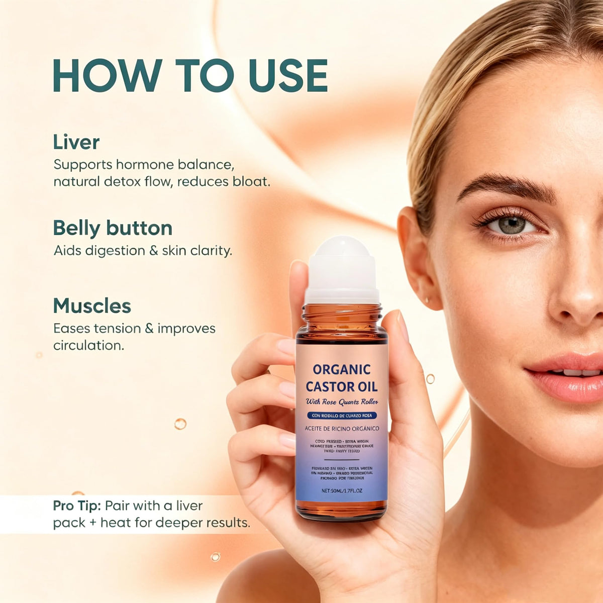 Drop of Jianeil castor oil texture illustrating rich, moisturizing consistency for targeted hydration