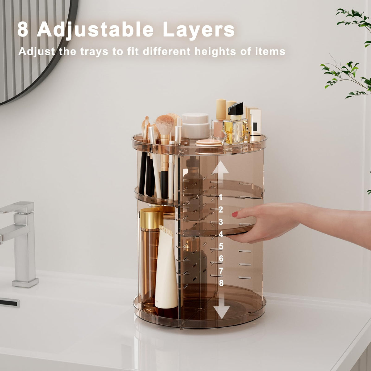 Jiavarry adjustable layer example displays customizable heights for tall bottles
