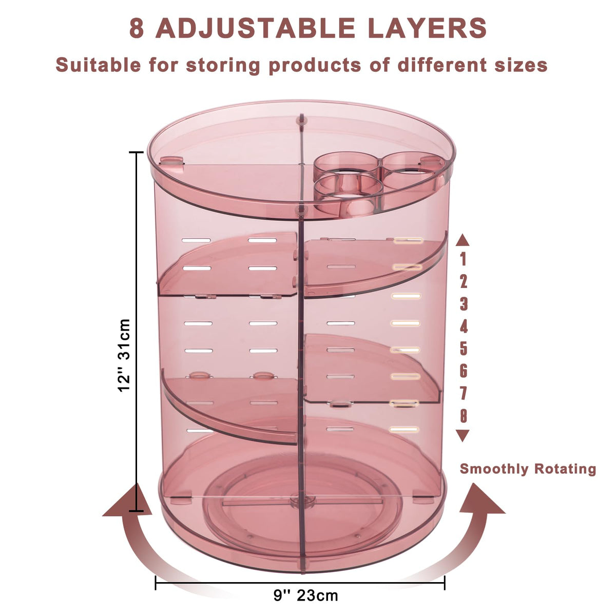 Jiavarry closeup of adjustable layers demonstrating flexible heights to fit different cosmetics