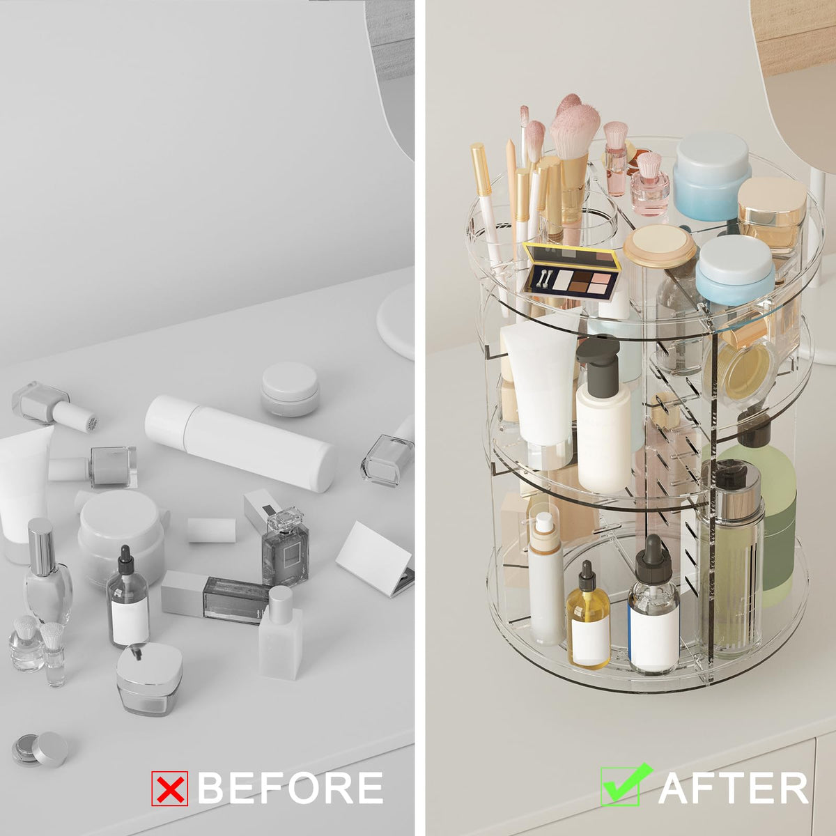 Jiavarry in-use on bathroom countertop keeping skincare visible and accessible