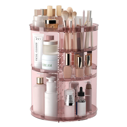 Jiavarry front view of clear pink rotating makeup organizer showing full unit and benefit of organized storage