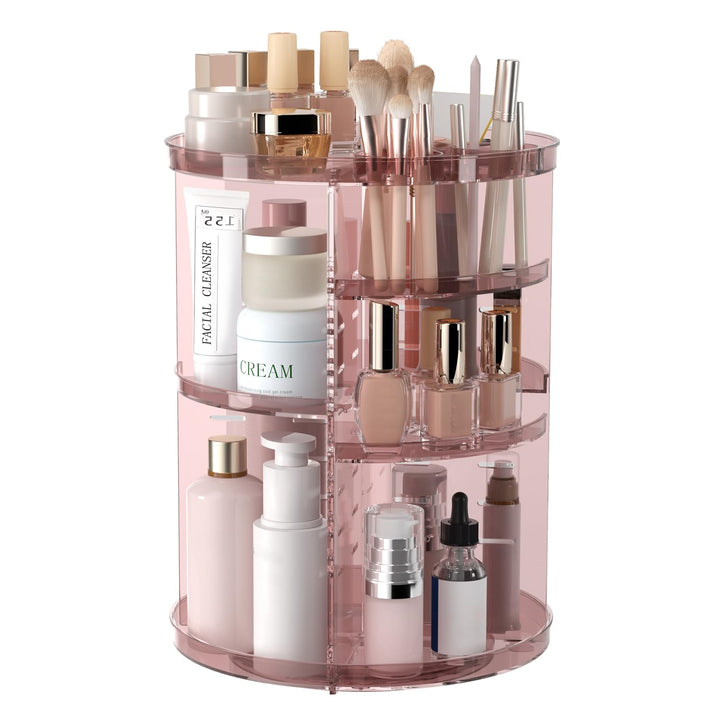 Jiavarry front view of clear pink rotating makeup organizer showing full unit and benefit of organized storage