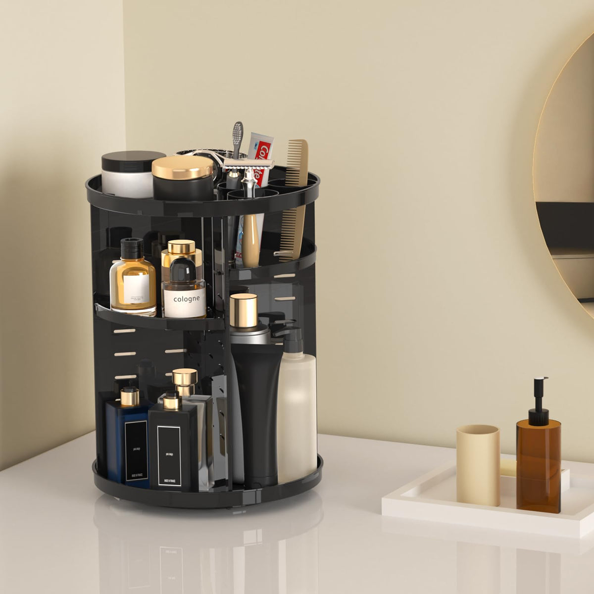 Jiavarry stacked trays adjusted to different heights to fit bottles