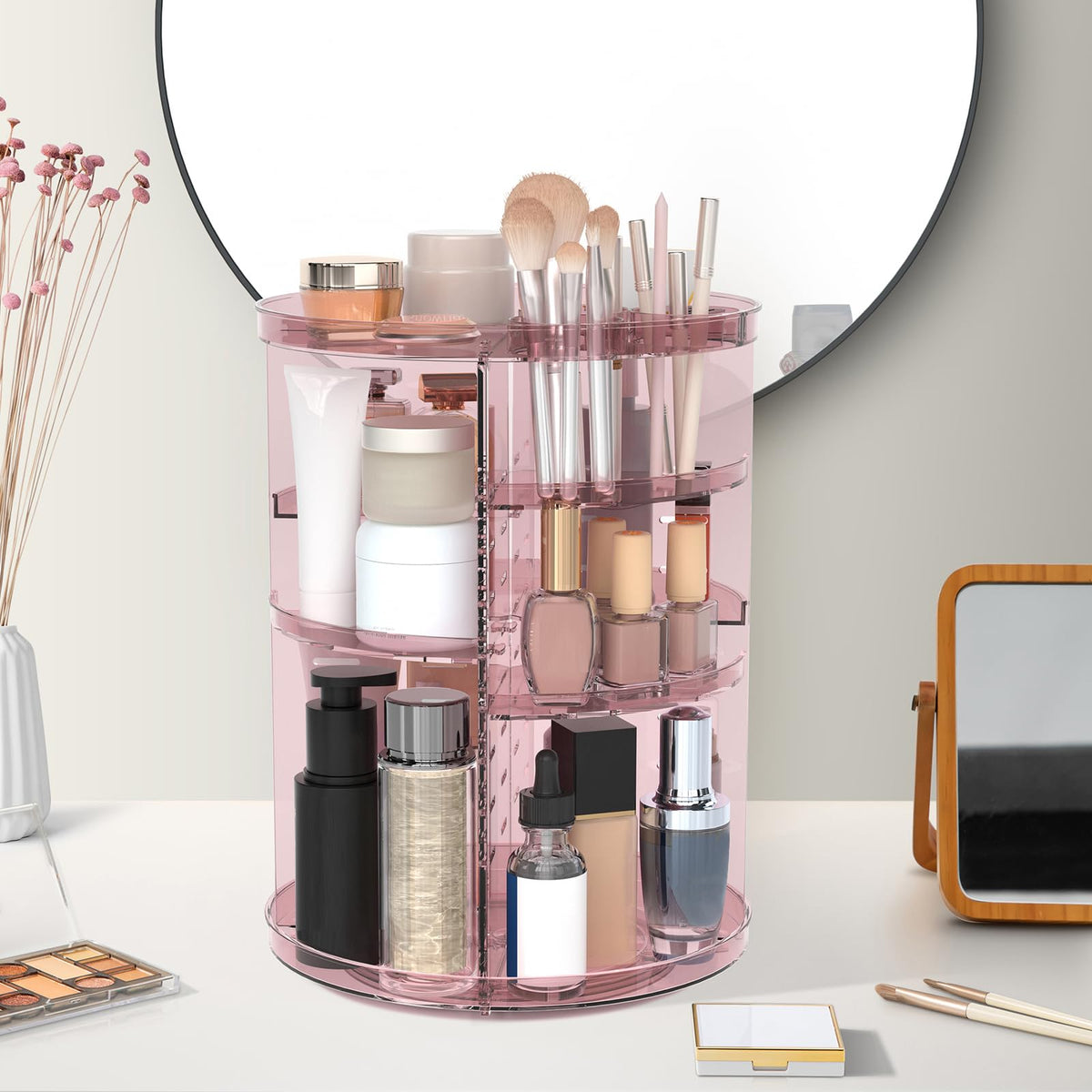 Jiavarry on a vanity with skincare and perfumes illustrating tidy, attractive countertop display benefit