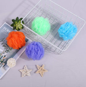 JIEFU close-up PE mesh texture of shower pouf, highlights gentle exfoliation