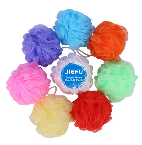 JIEFU front view of eight colorful small bath sponges, shows variety and value