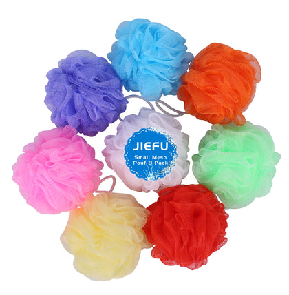 JIEFU front view of eight colorful small bath sponges, shows variety and value
