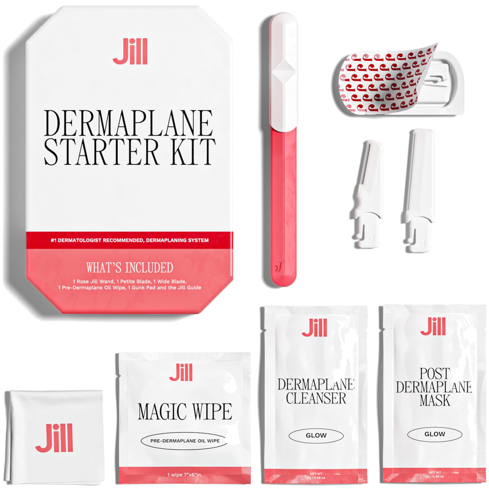 JILL front packaging of dermaplane kit showing compact rose box and benefits