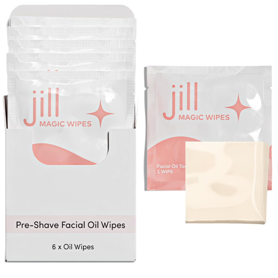 JILL front packaging showing six-count pre-shave wipes and brand clarity