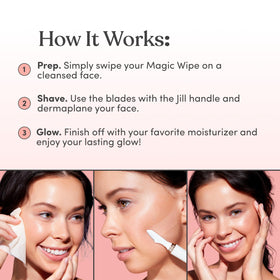 JILL single wipe pulled from pack ready to apply for dermaplaning prep