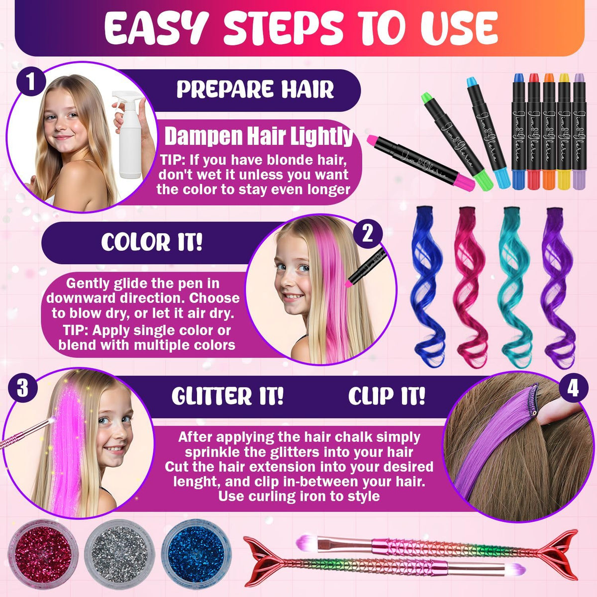 Jim&Gloria mermaid brushes and glitters arranged for creative finishes
