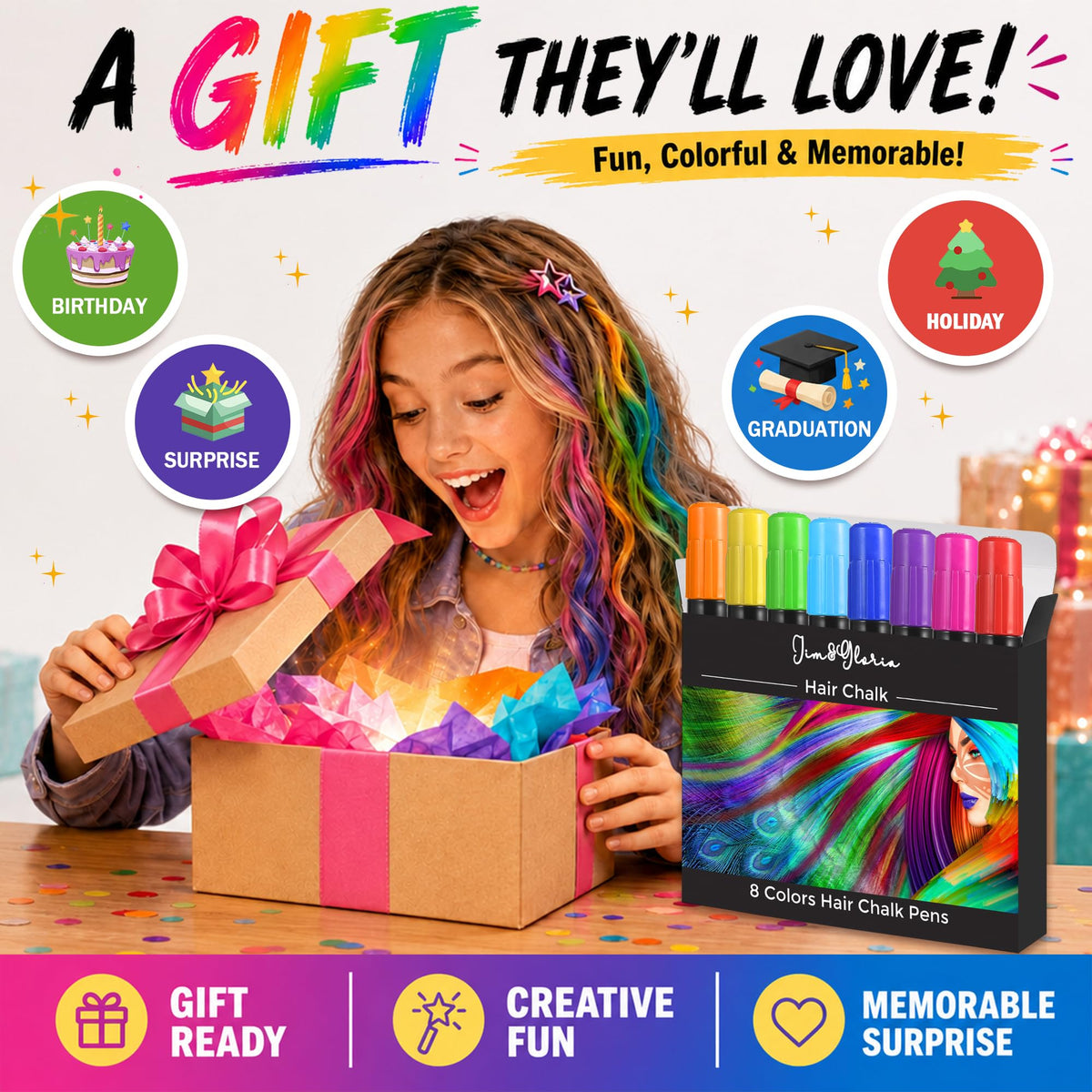 Jim&Gloria lifestyle image of teen at party wearing bright washable streaks