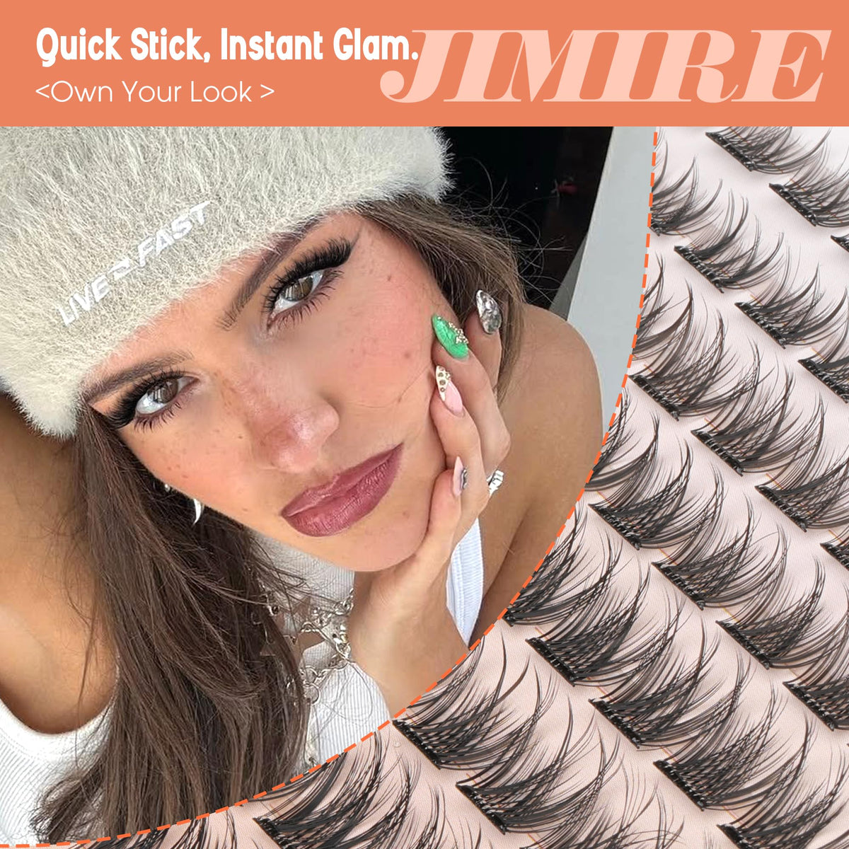 JIMIRE close-up of synthetic fibers highlighting fluffy faux-mink texture and natural finish