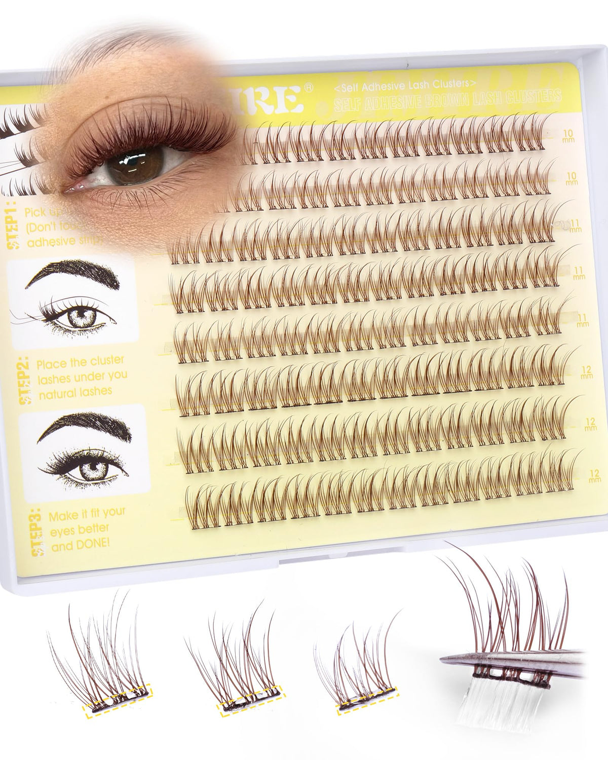 JIMIRE front packaging of brown pre-glued lash clusters showing compact box benefit fast use