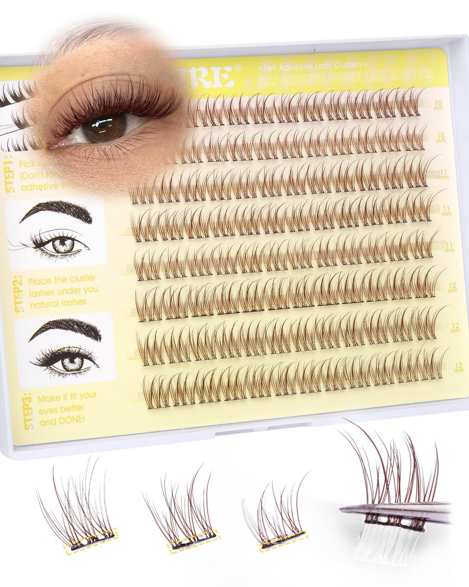 JIMIRE front packaging of brown pre-glued lash clusters showing compact box benefit fast use