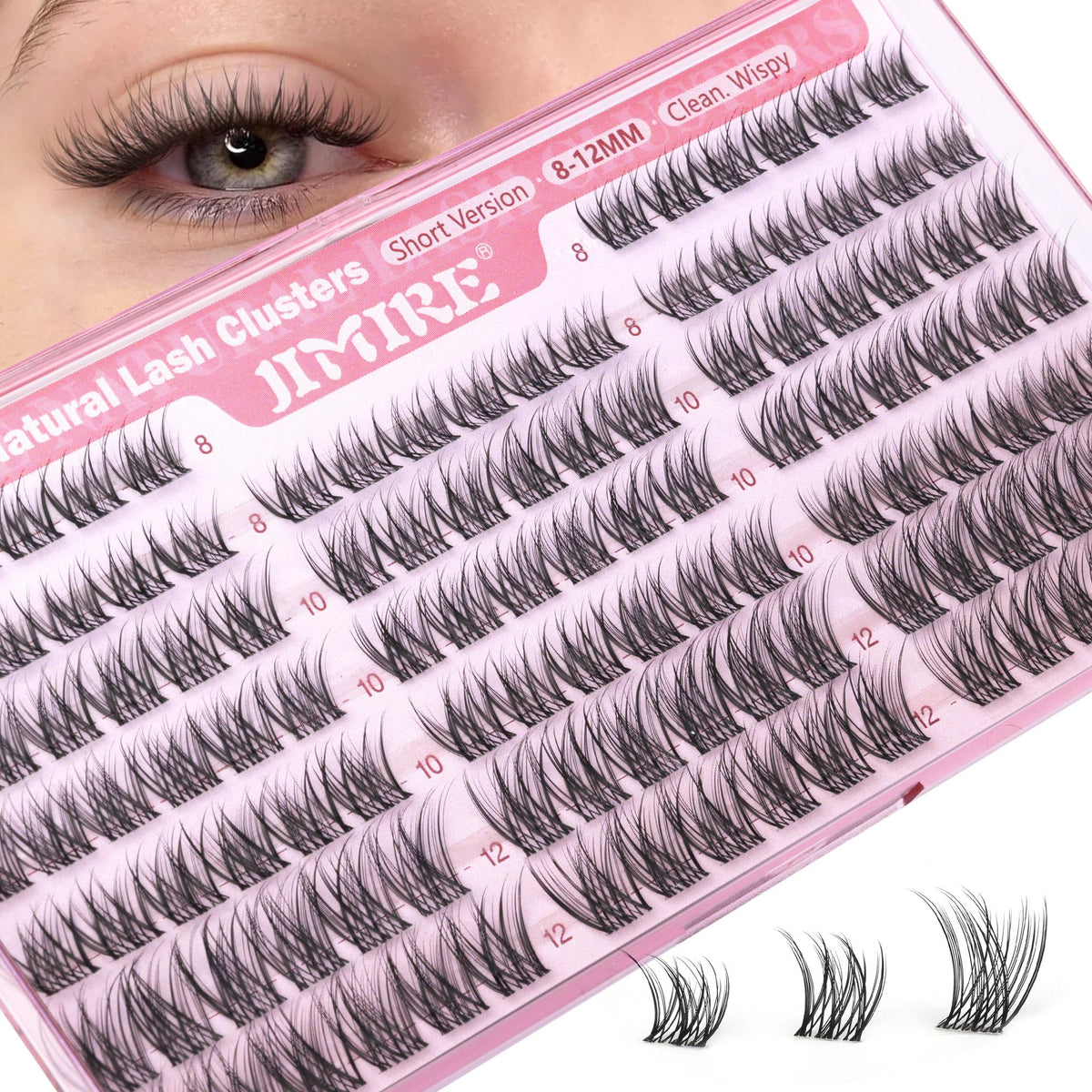 JIMIRE front packaging showing cluster lashes set and branding, easy selection benefit