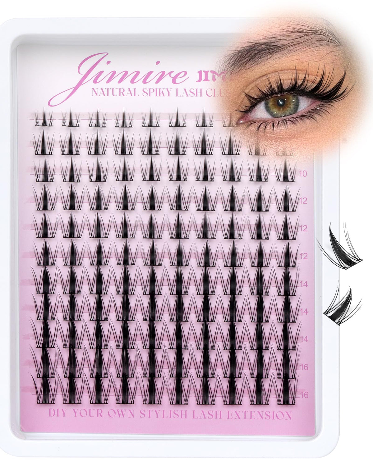 JIMIRE front packaging showing 110-piece manga cluster lashes for easy storage