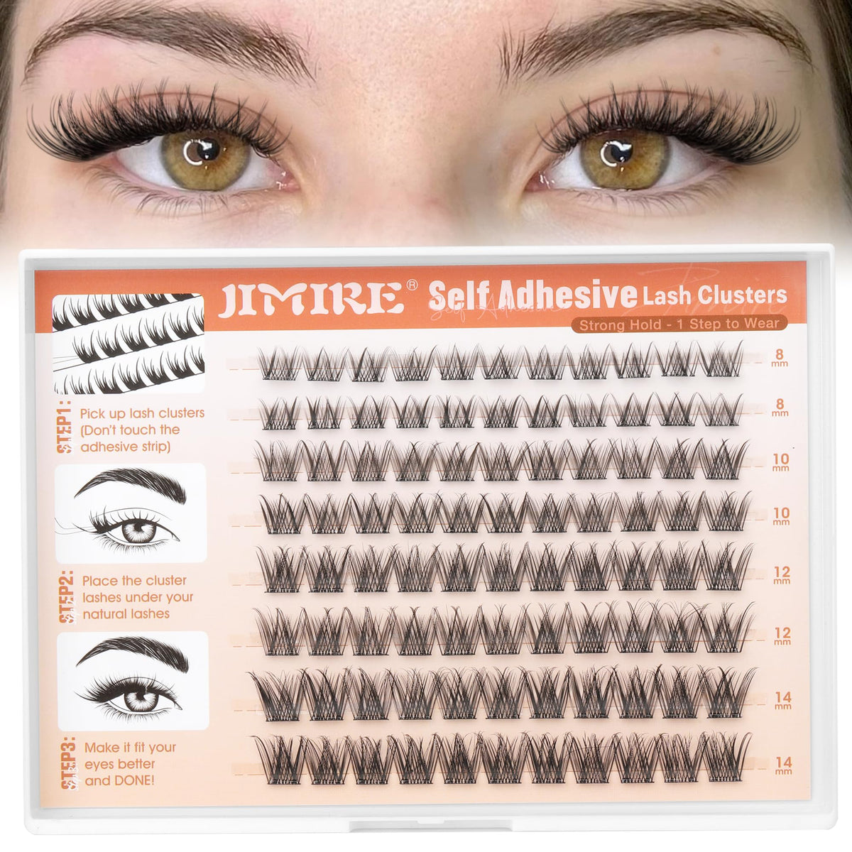 JIMIRE front packaging showing multiple self adhesive lash clusters for quick application