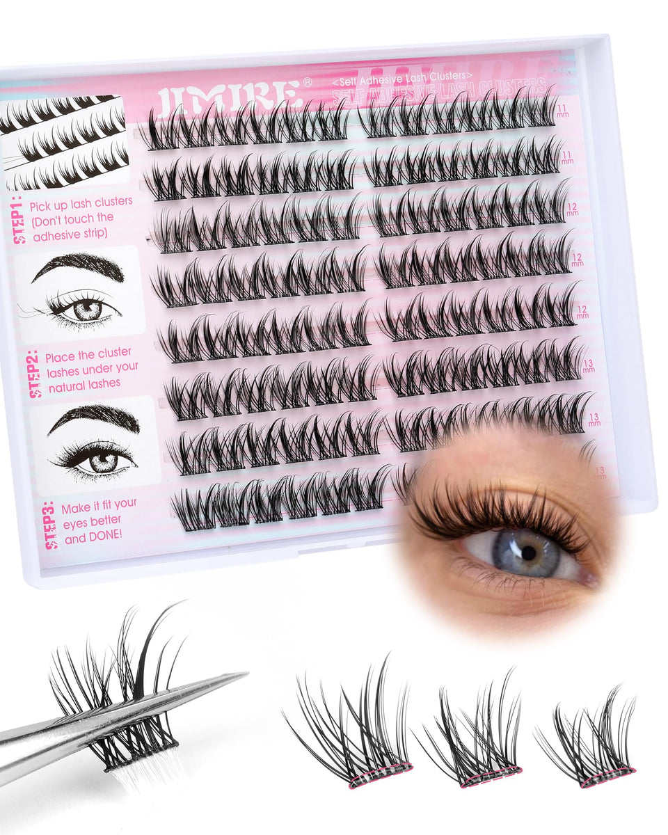 JIMIRE front packaging showing pre-glued cluster lashes and easy application
