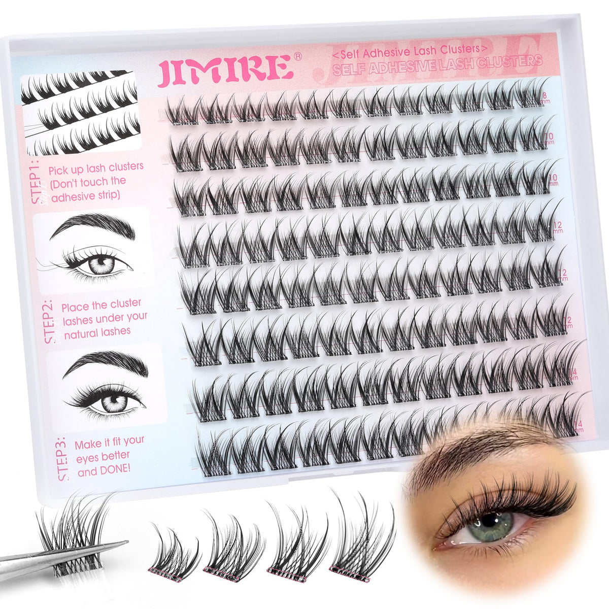 JIMIRE front packaging showing pre-glued cluster set and brand name for quick selection