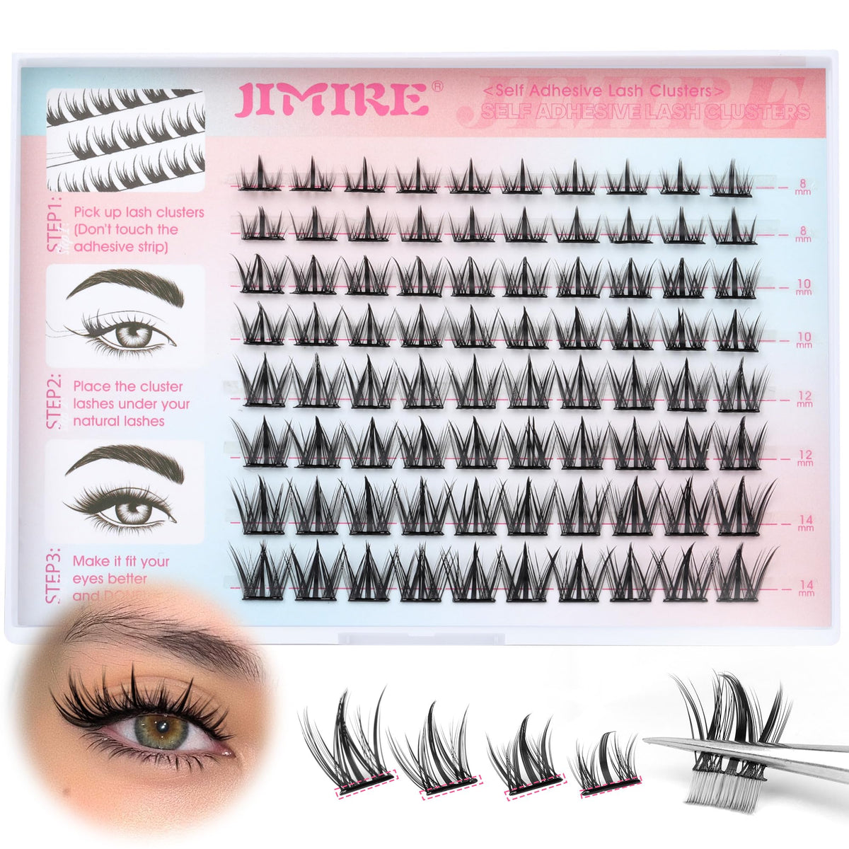 JIMIRE front packaging showing pre-glued manga lash clusters and benefits