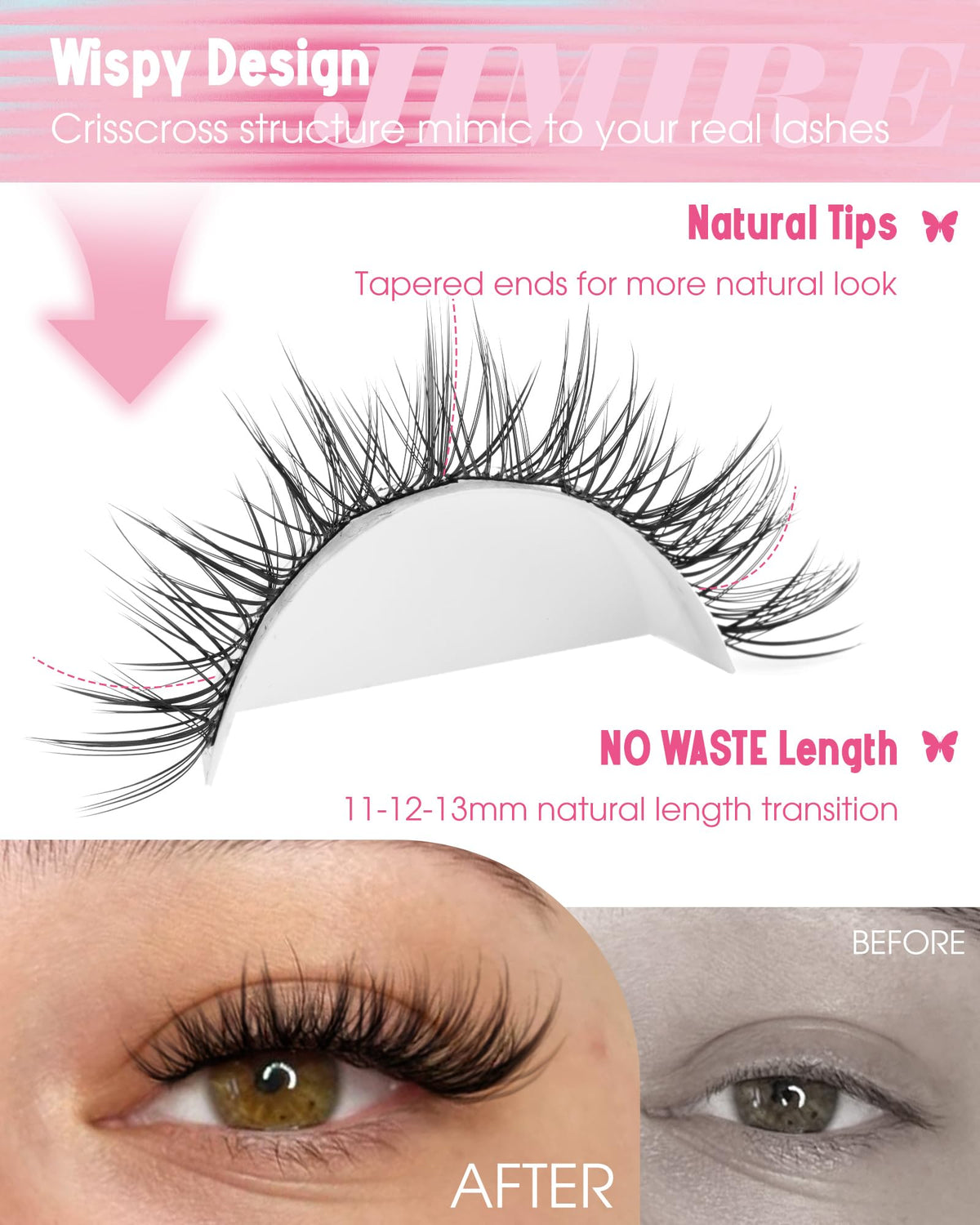JIMIRE lash clusters applied on eye delivering natural anime-inspired lift