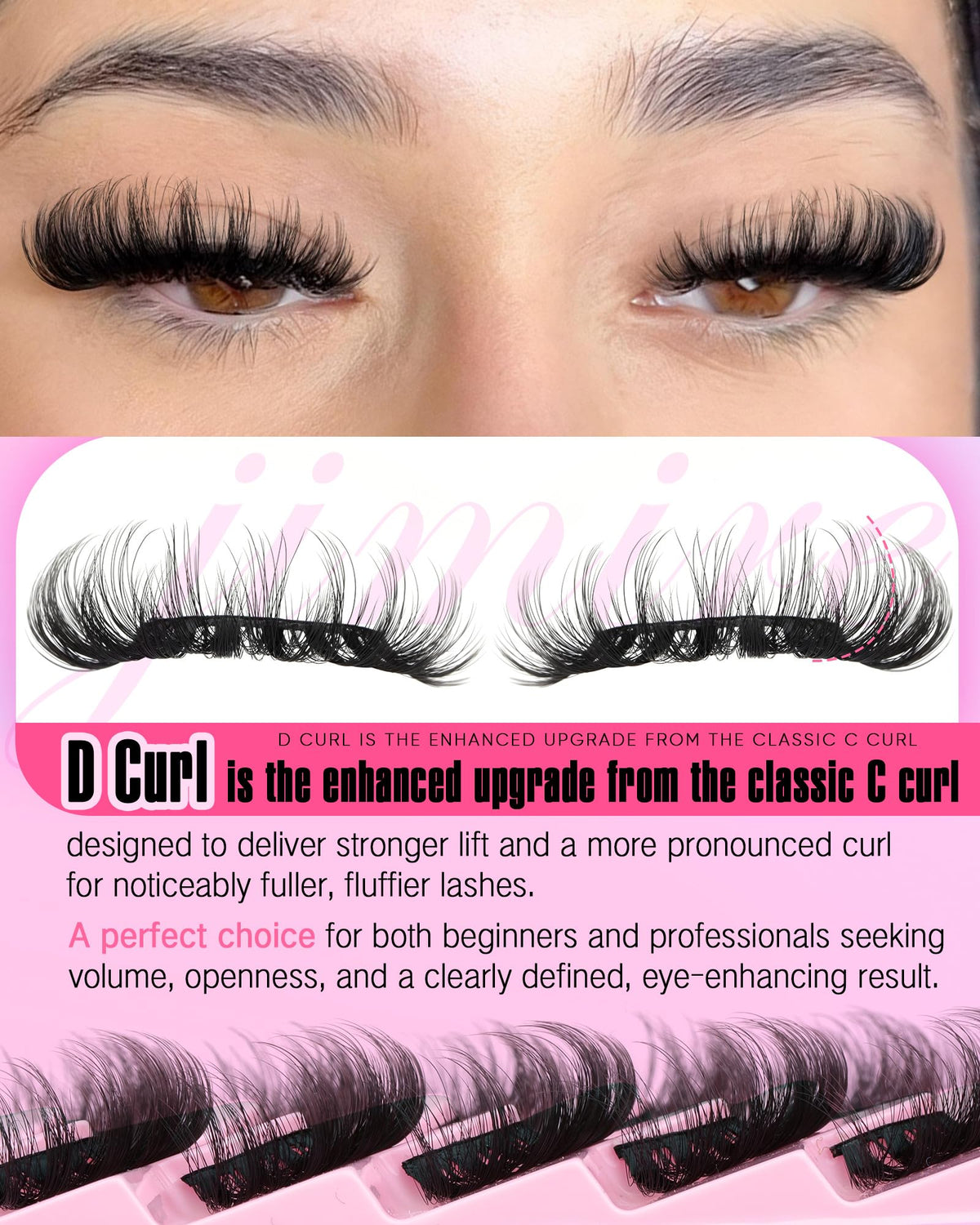 JIMIRE model wearing lashes showing lifted cat-eye effect
