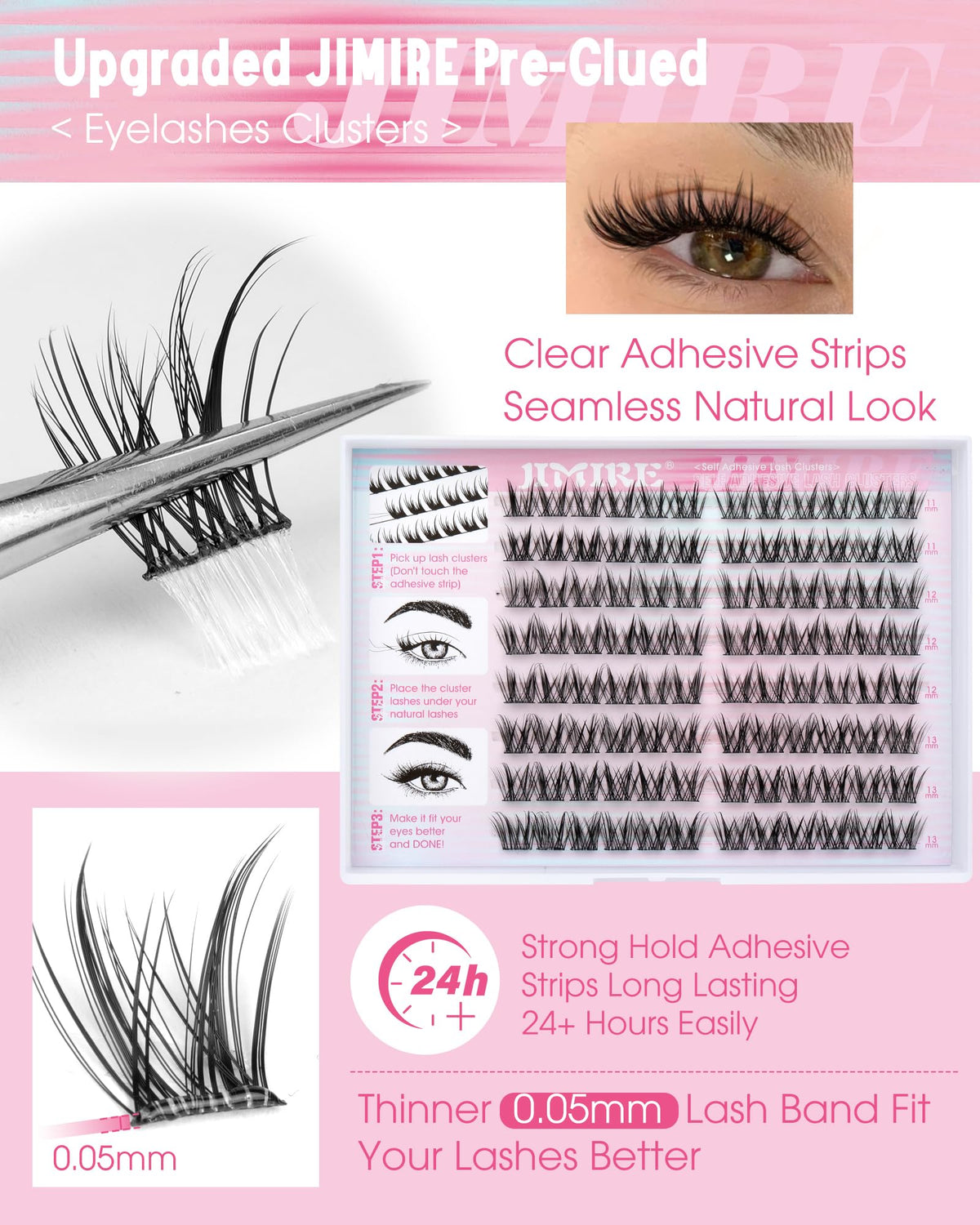 JIMIRE scale comparison with ruler showing 11–13mm lengths for natural look