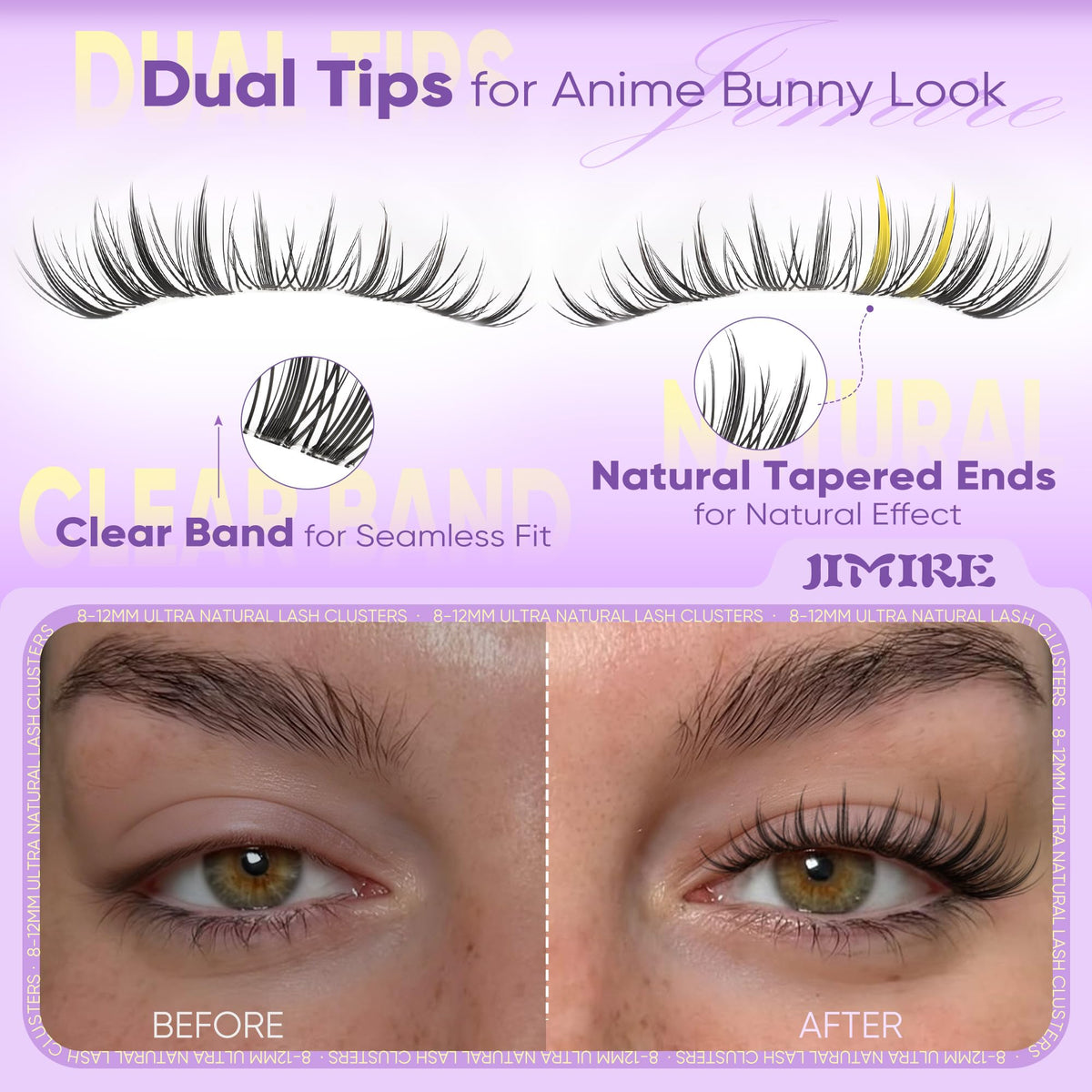 JIMIRE side profile of lashes worn, natural lift and spike definition benefit