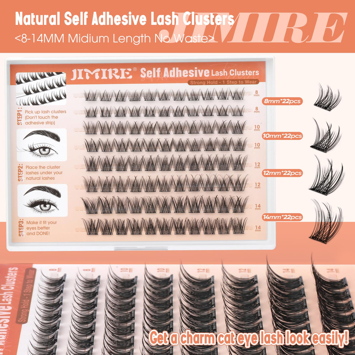 JIMIRE ruler comparison of 8–14mm lengths for customizable lash layering and balance