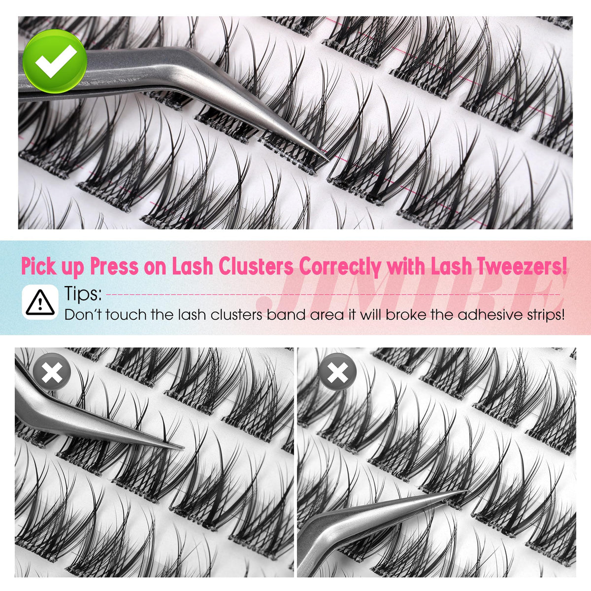 JIMIRE lash clusters next to ruler to show 8–14mm sizes for accurate placement