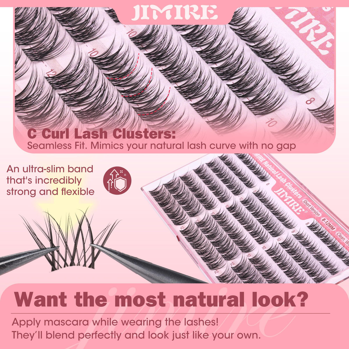 JIMIRE model wearing glasses showing lashes not brushing lenses for comfort