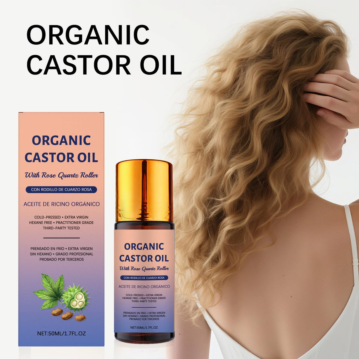 JISKG castor oil texture pouring from bottle, demonstrating rich hydration benefit